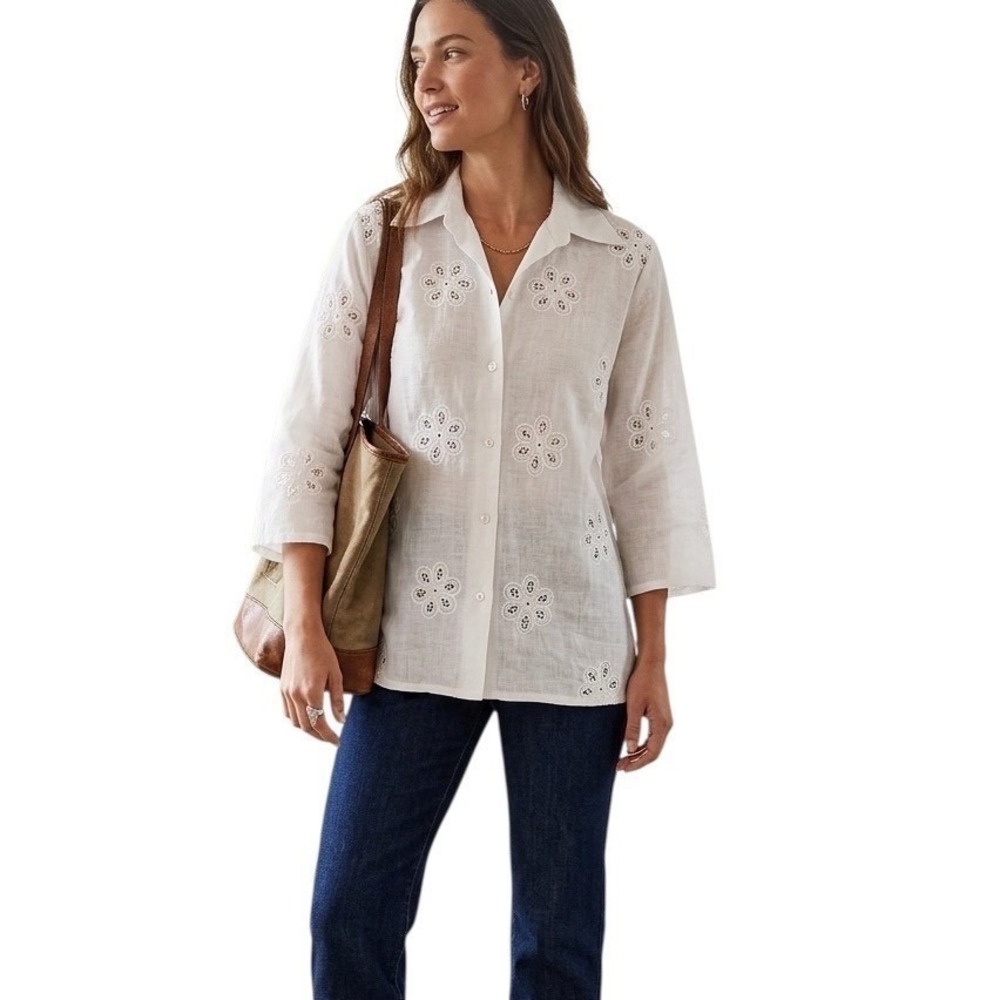 White Linen VTG Tablecloth Floral Embroidered Button‎ Up Shirt Blouse Women's